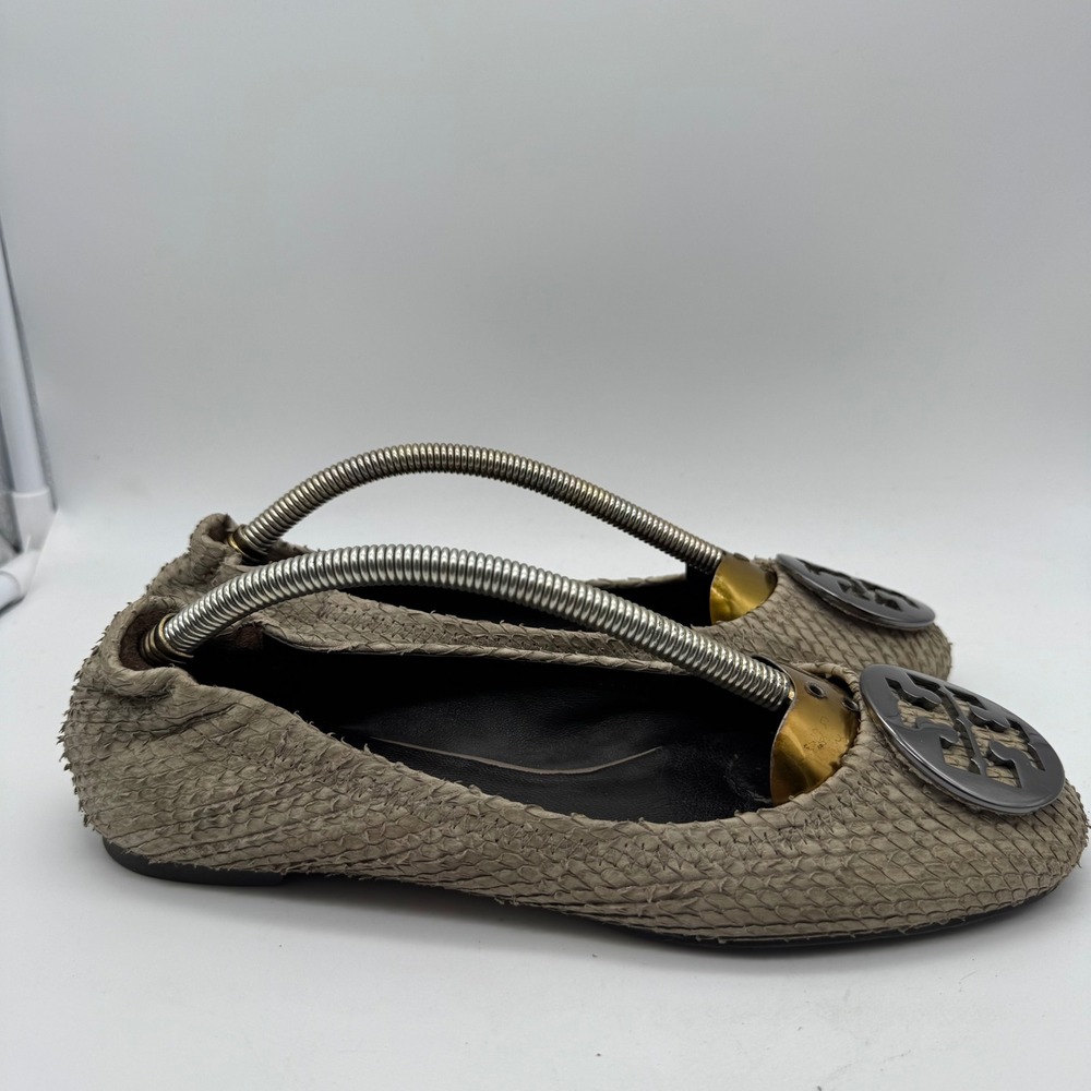 Tory Burch Taupe Textured Leather Logo Ballet Flats with Gold Accents